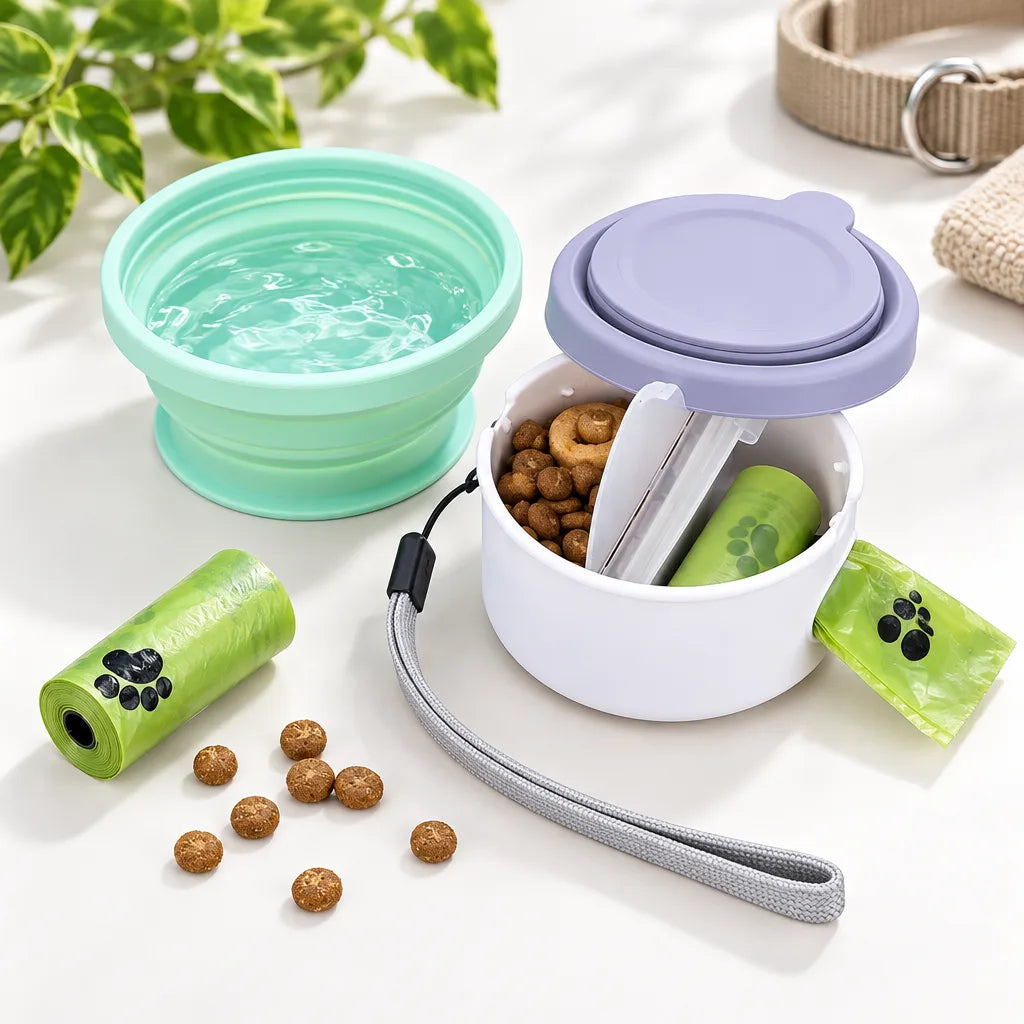 Gamelle pliable 3-en-1 pour chien avec distributeur de sacs à déjections
