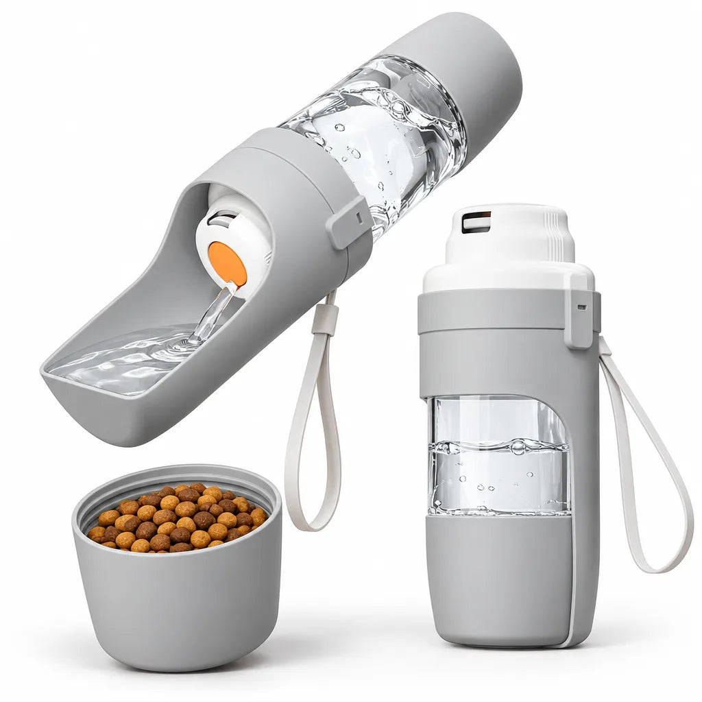 Gourde de promenade 500 ml pour chien avec abreuvoir et gobelet croquettes